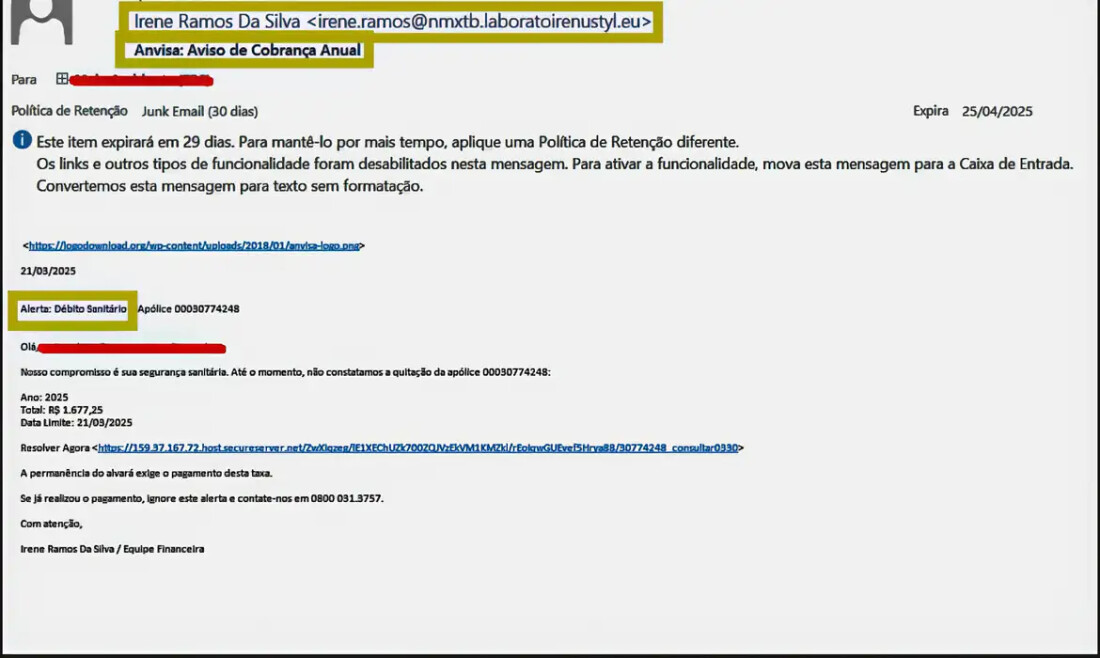 Anvisa alerta para tentativa de golpe com falsa cobrança por e-mail