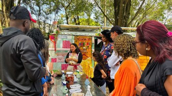 Artista transforma Kombi em ateliê itinerante de arte têxtil e promove oficinas 
