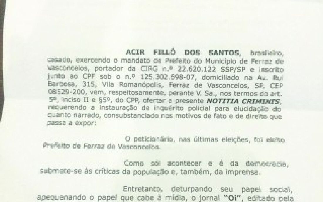 Prefeito de Ferraz denuncia dono do jornal Oi à polícia por extorsão